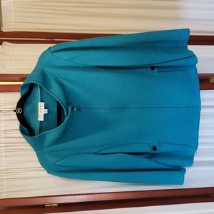 St John Collection, teal knit 3/4 sleeve moto jacket, size 14.